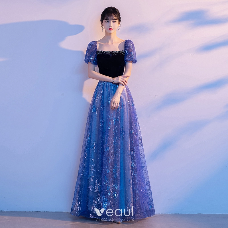 Bling Bling Ocean Blue Sequins Prom Dresses 2024 A Line Princess Square Neckline Short Sleeve Backless Floor Length Long Prom Formal Dresses
