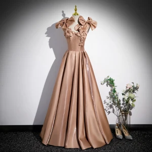 Chic Belle Champagne Noeud Perle Robe De Bal 2023 Princesse Bustier Sans Manches Dos Nu Longue Promo Robe De Ceremonie