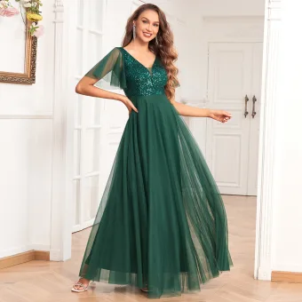 Simple Vert Foncé Paillettes Robe De Bal 2024 Princesse V Cou Manches Courtes Dos Nu Longue Promo Robe De Ceremonie