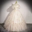 Elegant Champagne Pearl Floral Prom Dresses 2023 Ball Gown Off-The-Shoulder Short Sleeve Backless Floor-Length / Long Prom Formal Dresses
