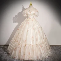 Elegant Champagne Perle Blomster Ballkjoler 2023 Ballkjole Av Skulderen Korte Ermer Ryggløse Lange Ball Formelle Kjoler