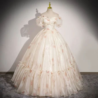 Elegante Champagne Parel Bloemen Galajurken 2023 Baljurk Uit De Schouder Korte Mouwen Ruglooze Lange Gala Gelegenheid Jurken