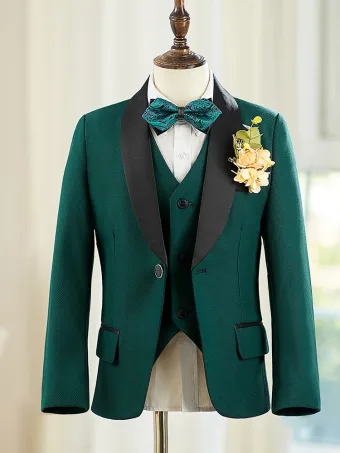 Fall Winter Dark Green Long Sleeve 6 Piece Boys Wedding Suits 2025 Body Jewellery Coat Pants Shirt Tie Vest