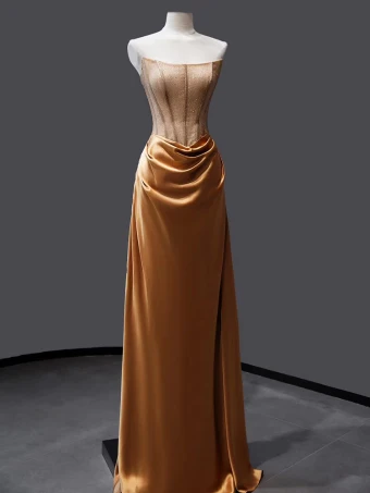 Sexy Gold Sequins Split Front Prom Dresses 2024 Trumpet Mermaid Strapless Sleeveless Backless Floor Length Long Prom Formal Dresses