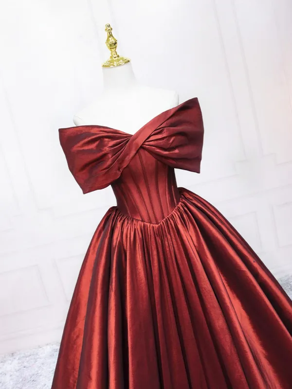 Elegant Burgundy Satin Prom Dresses 2025 Ball Gown Bow Off-The-Shoulder Short Sleeve Backless Floor-Length / Long Prom Formal Dresses