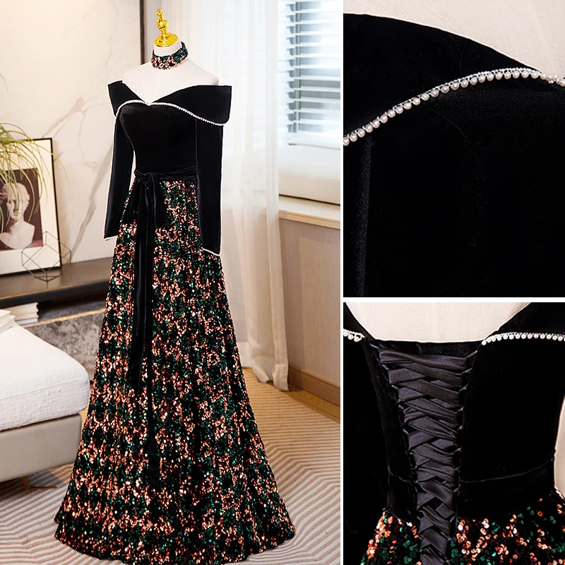 Robe De Soirée De Luxe Perles Noir Robe De Soirée La Mariée Banquet