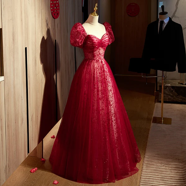 Chic / Belle Bordeaux Paillettes Robe De Bal 2022 Princesse Encolure Carrée Gonflée Manches Courtes Dos Nu Noeud Longue Promo Robe De Ceremonie