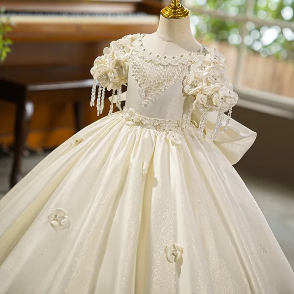 Vintage / Retro Ivory Beading Rhinestone Appliques Bow Birthday Flower Girl Dresses 2025 Ball Gown Scoop Neck Short Sleeve Floor-Length / Long