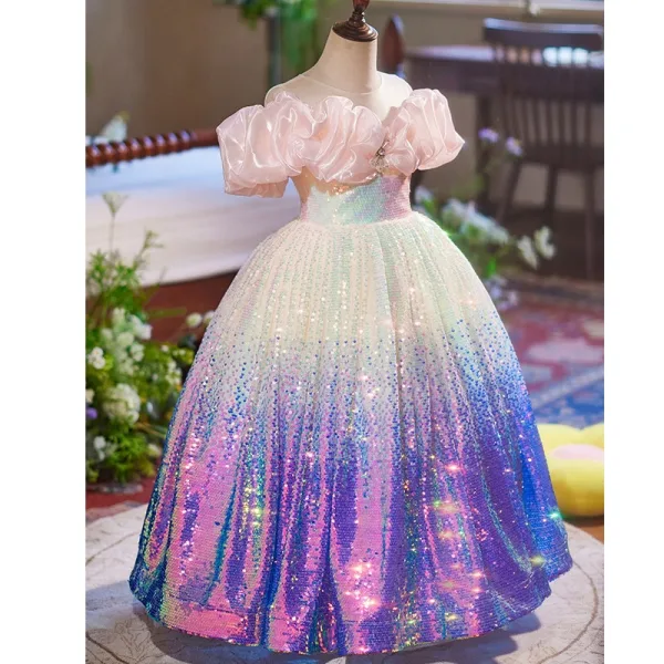 Mode Dégradé De Couleur Paillettes Anniversaire Longue Robe Ceremonie Fille 2025 Robe Boule Encolure Dégagée Manches Courtes Dos Nu