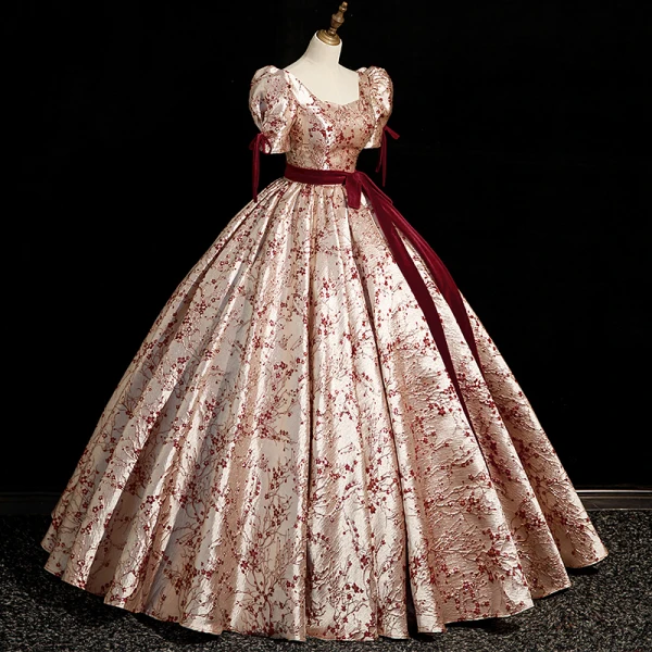Modern / Fashion Burgundy Printing Prom Dresses 2023 Ball Gown Square Neckline Short Sleeve Backless Bow Sash Floor-Length / Long Prom Formal Dresses