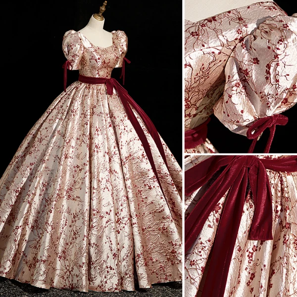 Modern / Fashion Burgundy Printing Prom Dresses 2023 Ball Gown Square Neckline Short Sleeve Backless Bow Sash Floor-Length / Long Prom Formal Dresses
