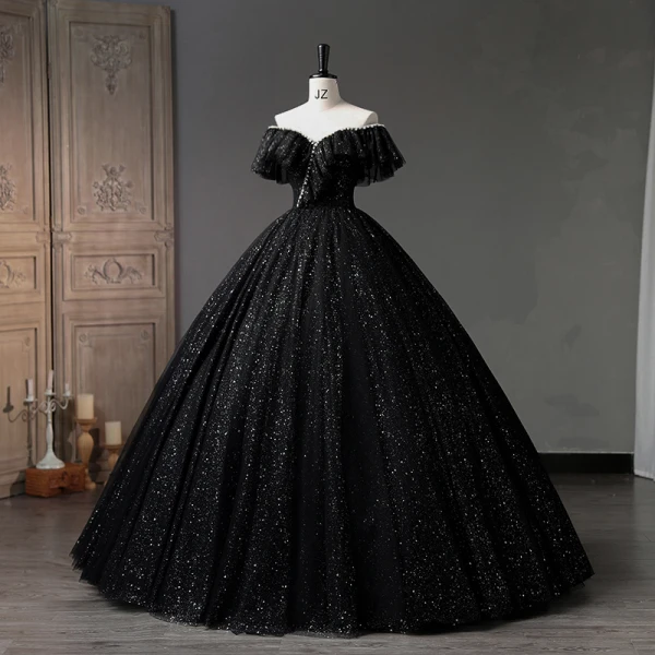 Charming Black Pearl Sequins Prom Dresses 2023 Ball Gown Off-The-Shoulder Short Sleeve Backless Floor-Length / Long Prom Formal Dresses