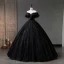 Charming Black Pearl Sequins Prom Dresses 2023 Ball Gown Off-The-Shoulder Short Sleeve Backless Floor-Length / Long Prom Formal Dresses