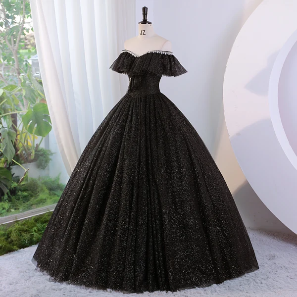 Charming Black Glitter Pearl Rhinestone Prom Dresses 2023 Ball Gown Off-The-Shoulder Sleeveless Backless Floor-Length / Long Prom Formal Dresses