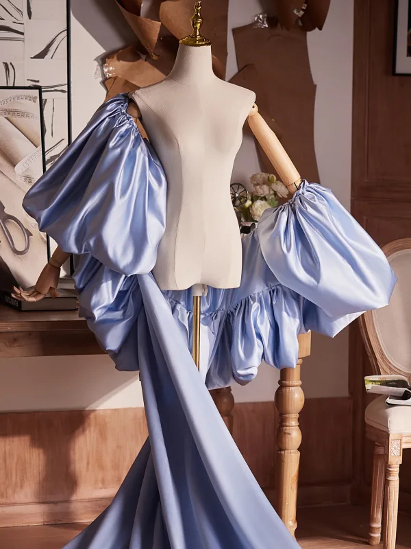 High-end Sky Blue Handmade Satin Prom shawl 2025 Puffy Short Sleeve