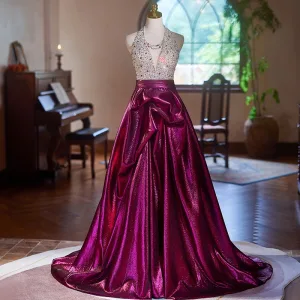 Fashion Fuchsia Beading Rhinestone Sequins Satin Prom Dresses 2024 A Line Princess V Neck Sleeveless Backless Floor Length Long Prom Formal Dresses