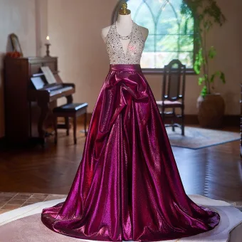Fashion Fuchsia Beading Rhinestone Sequins Satin Prom Dresses 2024 A Line Princess V Neck Sleeveless Backless Floor Length Long Prom Formal Dresses