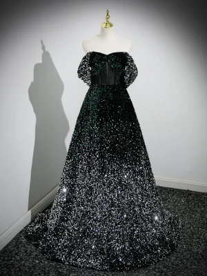 Sparkly Multi Colors Sequins Black Evening Dresses 2023 A Line Princess Strapless Sleeveless Backless Sweep Train Evening Party Formal Dresses
