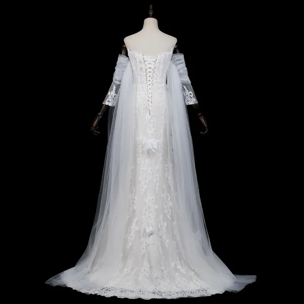 Haut de Gamme Blanche Noeud En Dentelle Fleur Perle Robe De Soirée 2026 Trompette / Sirène De l'épaule Manches Courtes Dos Nu Train De Balayage Soirée Robe De Ceremonie