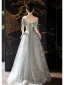 Chic / Beautiful Sage Green Printing Sequins Prom Dresses 2024 A-Line / Princess Off-The-Shoulder Short Sleeve Backless Floor-Length / Long Prom Formal Dresses