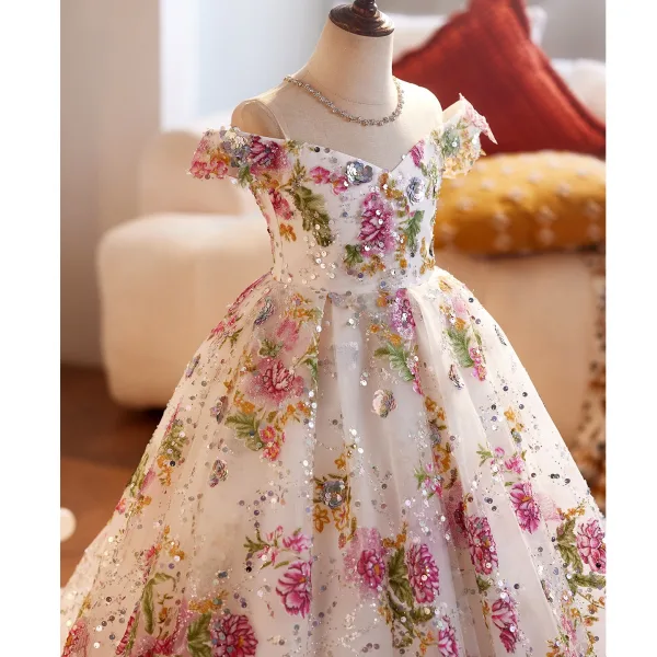 Flower Fairy Multi-Colors Sequins Lace Flower Birthday Flower Girl Dresses 2025 Ball Gown Off-The-Shoulder Sleeveless Backless Floor-Length / Long Tulle