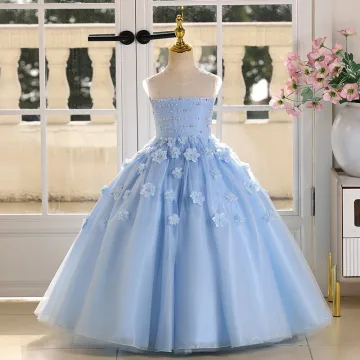 Chic Beautiful Sky Blue Appliques Pearl Birthday Flower Girl Dresses 2025 Ball Gown Scoop Neck Sleeveless Backless Floor Length Long