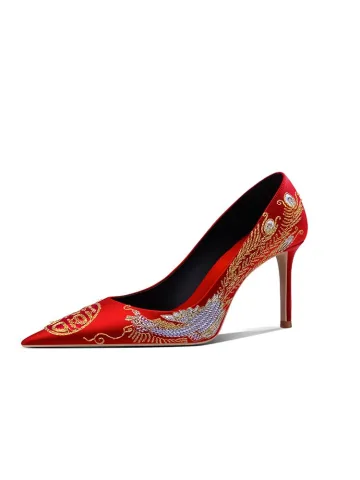 Chinese Style Red Embroidered Leather Wedding Shoes 2026 6 Cm Stiletto Heels Pointed Toe Wedding High Heels
