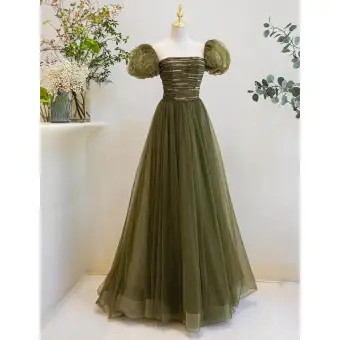 Simple Vert Trèfle Paillettes Robe De Bal 2022 Princesse Encolure Carrée Gonflée Manches Courtes Dos Nu Longue Promo Robe De Ceremonie