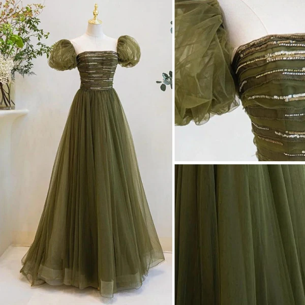 Modest / Simple Clover Green Sequins Prom Dresses 2022 A-Line / Princess Square Neckline Puffy Short Sleeve Backless Floor-Length / Long Prom Formal Dresses