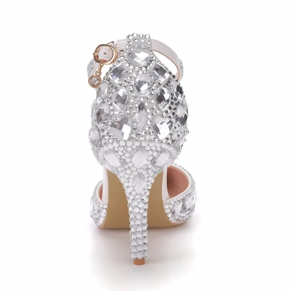 Glitzernden Silber Strass Brautschuhe 2023 Knöchelriemen 9 cm Stilettos Spitzschuh Hochzeit Sandaletten Hochhackige