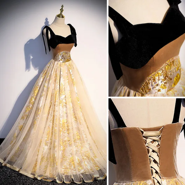 Charming Champagne Prom Dresses 2022 A-Line / Princess Spaghetti Straps Rhinestone Tassel Sleeveless Backless Floor-Length / Long Formal Dresses