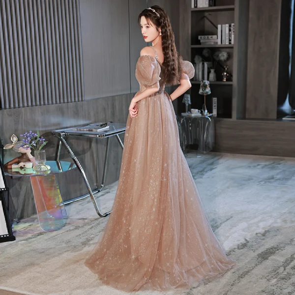 Charming Champagne Sequins Evening Dresses 2022 A-Line / Princess Off-The-Shoulder Rhinestone Short Sleeve Backless Floor-Length / Long Evening Party Formal Dresses