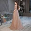 Charming Champagne Sequins Evening Dresses 2022 A-Line / Princess Off-The-Shoulder Rhinestone Short Sleeve Backless Floor-Length / Long Evening Party Formal Dresses
