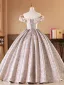 Elegant Nude Printing Prom Dresses 2026 Ball Gown Off-The-Shoulder Short Sleeve Backless Floor-Length / Long Formal Dresses