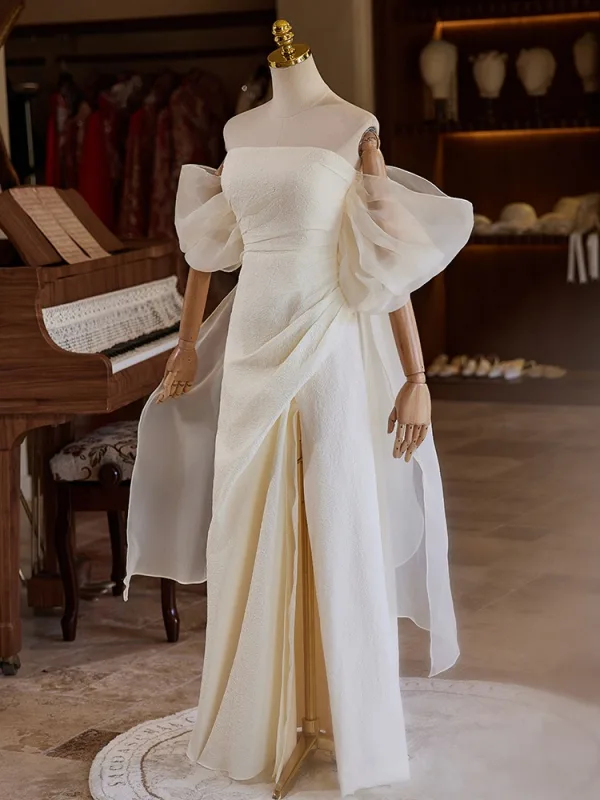 Fashion White Split Front Wedding Dresses 2024 A-Line / Princess Off-The-Shoulder Short Sleeve Backless Floor-Length / Long Wedding