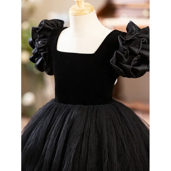 Chic / Beautiful Black Cascading Ruffles Birthday Flower Girl Dresses 2024 Square Neckline Ball Gown Puffy Short Sleeve Backless Floor-Length / Long