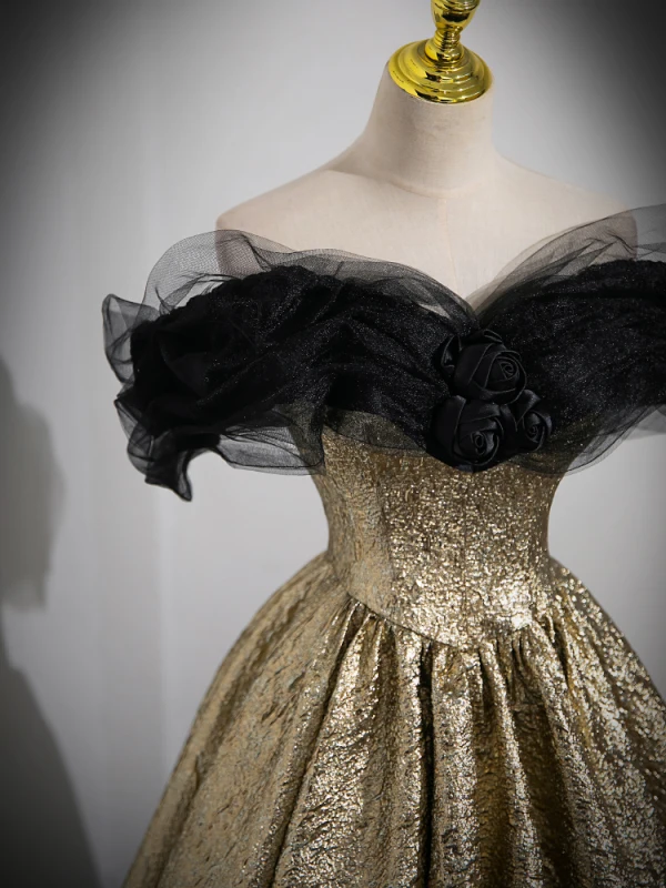 Sparkly Black Gold Glitter Prom Dresses Ball Gown 2023 Off-The-Shoulder Sleeveless Backless Floor-Length / Long Prom Formal Dresses