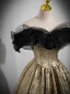 Sparkly Black Gold Glitter Prom Dresses Ball Gown 2023 Off-The-Shoulder Sleeveless Backless Floor-Length / Long Prom Formal Dresses