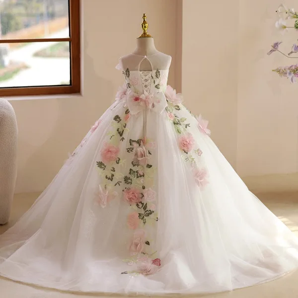 Flower Fairy White Appliques Birthday Flower Girl Dresses 2025 Ball Gown Scoop Neck Sleeveless Backless Sweep Train