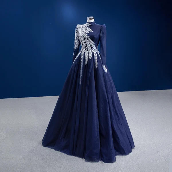 Vintage / Retro Navy Blue Lace Flower Prom Dresses 2022 A-Line / Princess High Neck Long Sleeve Floor-Length / Long Formal Dresses