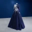 Vintage / Retro Navy Blue Lace Flower Prom Dresses 2022 A-Line / Princess High Neck Long Sleeve Floor-Length / Long Formal Dresses