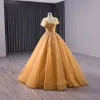 Elegant Gold Beading Sequins Prom Dresses 2024 Ball Gown Off-The-Shoulder Sleeveless Backless Sweep Train Prom Formal Dresses