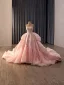 Luxury / Gorgeous Blushing Pink Handmade  Beading Sequins Cascading Ruffles Prom Dresses 2026 Ball Gown Strapless Sleeveless Backless Royal Train Formal Dresses