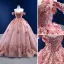 Blumenfee High End Rosa Ballkleider 2022 Ballkleid Off Shoulder Perle Spitze Blumen Applikationen Kurze Ärmel Rückenfreies Hof-Schleppe Festliche Kleider