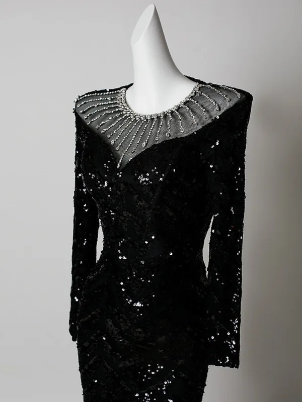 Sparkly Black Sequins Rhinestone Evening Dresses 2026 Trumpet / Mermaid Scoop Neck Long Sleeve Floor-Length / Long Formal Dresses