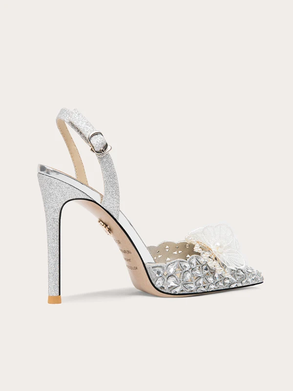 Sexy Silver Leather Rhinestone Pearl Lace Flower Wedding Shoes 2023 10 cm Stiletto Heels Pointed Toe Wedding High Heels