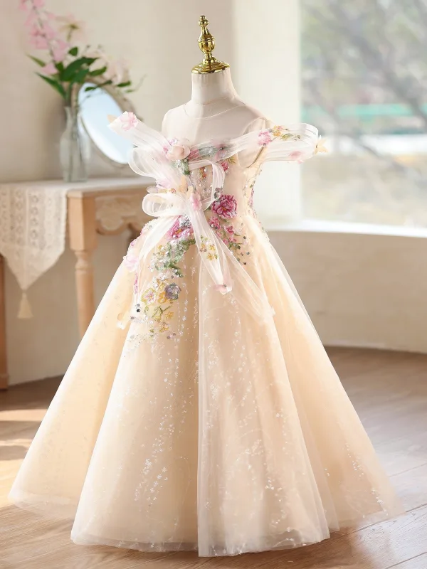 Elegante Champagner Pailletten Spitze Blumen Geburtstag Blumenmädchenkleider 2026 Ballkleid Rundhalsausschnitt Ärmellos Rückenfreies Lange Tülle