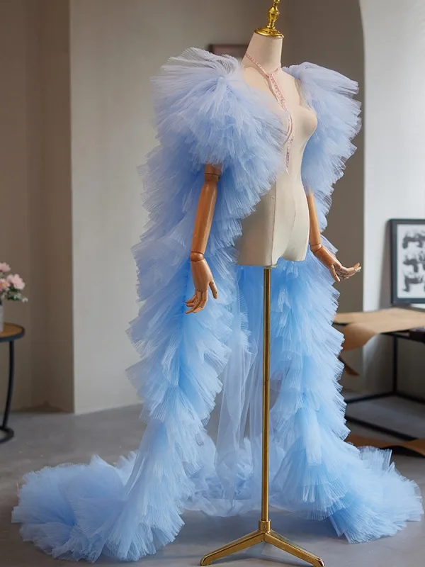 Fine Himmelen Blå Håndlaget Gripende Ruffles Tyll Aften Ball sjal Jakker & wraps 2024