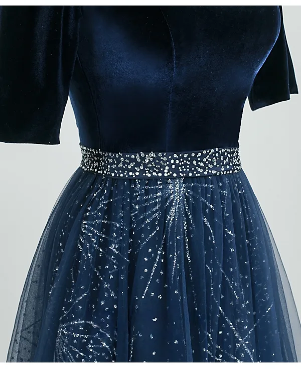 Vintage / Retro Navy Blue Sequins Prom Dresses 2026 A-Line / Princess Square Neckline Short Sleeve Backless Floor-Length / Long