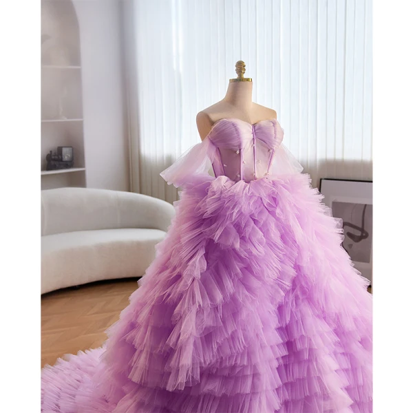 Charming Lavender Cascading Ruffles Pearl Prom Dresses 2023 Ball Gown Off-The-Shoulder Short Sleeve Backless Court Train Prom Formal Dresses